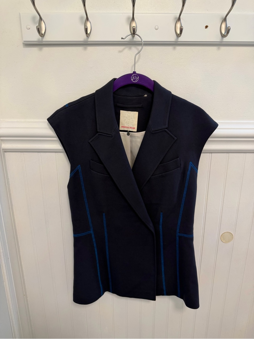 Rebecca Taylor Navy Sleeveless Blazer with Blue Contrast Stitching